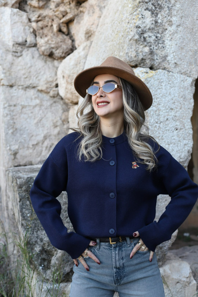 bytugcekaya Синій стандартний розмір кардиган з принтом Тедді