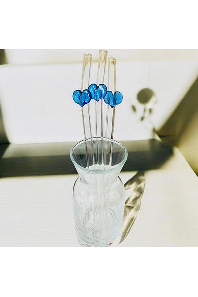 nazarboncuğu Blue Heart Glass Straw Set of 6