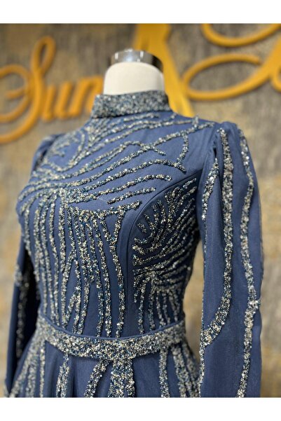 MODA İndigo Mavisi Midi Boy Gri Taş Detayli Tül Tesettür Abiye Nişanlık