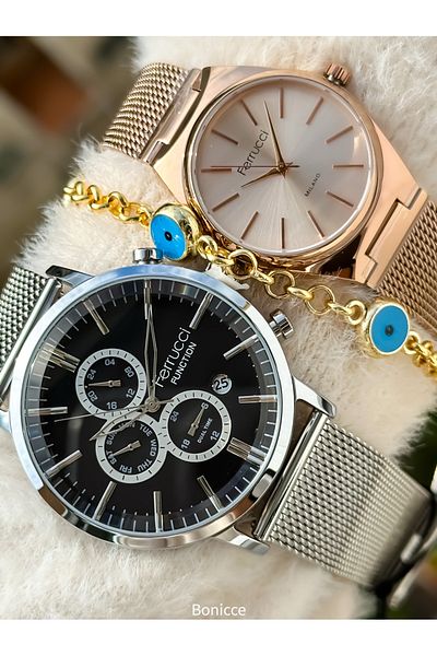 Ferrucci Brand Navy Blue Dial Functions Active Silver Rose Color Steel Band Dear Wristwatch Bracelet