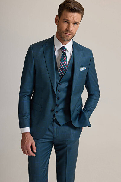 Ysf Erkek Yeşil Slim Fit Sivri Yaka Yelekli %100 Yün Takım Elbise