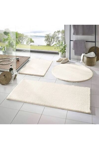 Lagom Life Σετ τουαλέτας 3 τεμαχίων μπάνιου βελούδινο μετά το χαλί κρέμα 50x70--50x50---50x50(στρογγυλό)