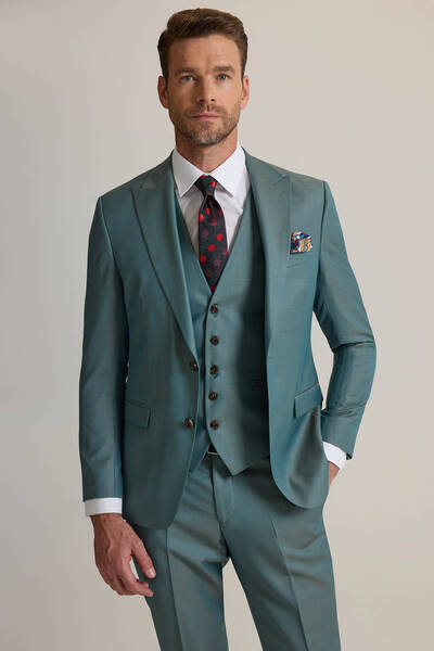 Ysf Erkek Yeşil Slim Fit Sivri Yaka Yelekli %100 Yün Takım Elbise