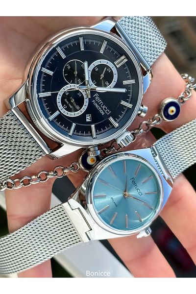Ferrucci Brand Navy Blue Dial Functions Active Silver Color Steel Band Dear Wristwatch Bracelet