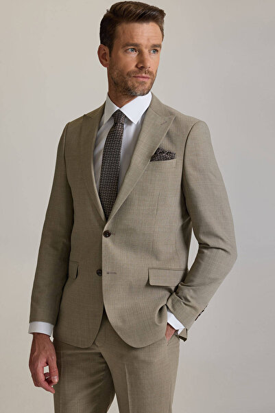 Ysf Erkek Bej Regular Fit Sivri Yaka %100 Yün Takım Elbise