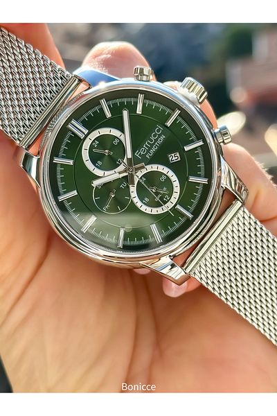 Ferrucci Brand Green Dial Functions Active Steel Band Silver Color Men Wristwatch Rosary Bracelet