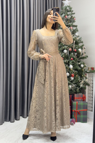 thezkscom Kadın Kare Yaka Kuşaklı Midi Boy Dantel Elbise Siyah, Yeşil, Bej, B...