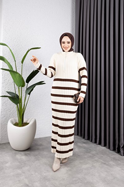 Sfg Life Moda فستان نسائي مخطط بسحاب وياقة واقفة