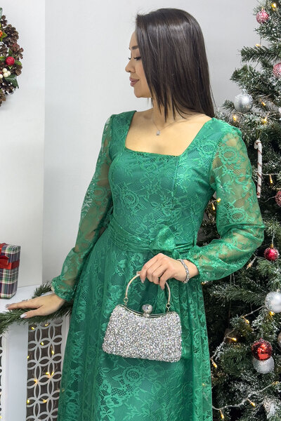 zks grup tekstil Γυναικείο φόρεμα με δαντέλα με τετράγωνο γιακά, μίντι, μαύρο, πράσινο, μπεζ, λευκό