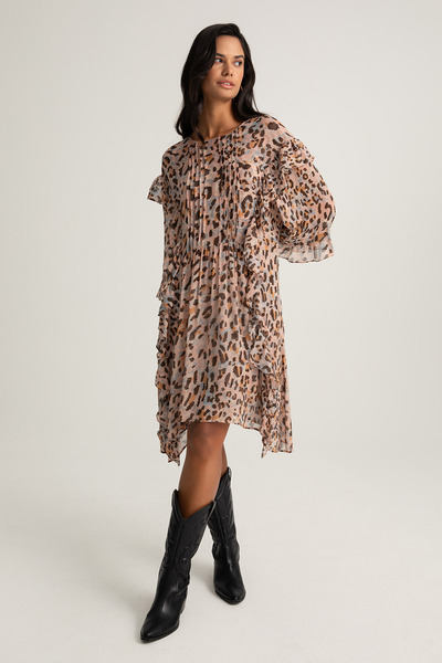 boneqa barcelona Fırfır Detaylı Leopar Desenli Elbise