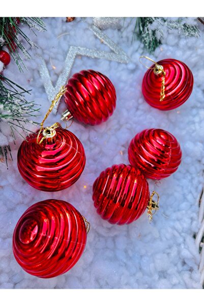 Derin Düşler Christmas Pine Tree Ornament Red 6 cm 6 Pieces Ball Ornament Pine Tree Ornament