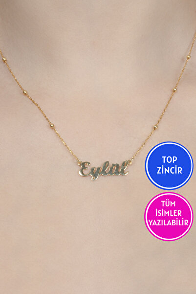 Jewelmim Toplu Zincir İsimli Gümüş Kolye 18 Ayar Sarı Altın Kaplama 925 Ayar Kadın İsim Yazılı Gümüş Kolye