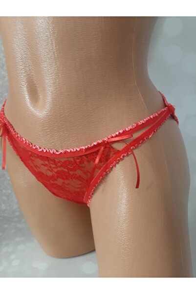 shine Red Lace Front, Ribbon Detail on the Sides, Comfortable Women's Panties with Combed Cotton on the Back