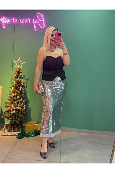 Tuğba Pul Payet Gümüş Maxi Boy Etek