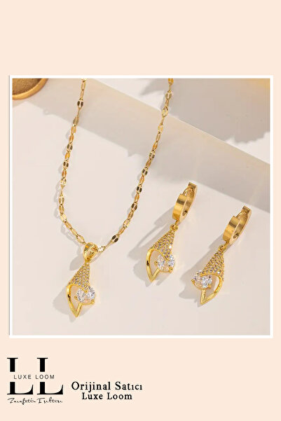 Luxe Loom Zarafetin Işıltısı Kadın Gold Kararmayan Çelik Altın Kaplama Zirkon Taşlı Şık Deniz Kabuğu Kolye Küpe Seti 001