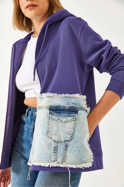 Bianco Lucci Kadın Kapişonlu Denim Parçalı Hırka 8175 60351326
