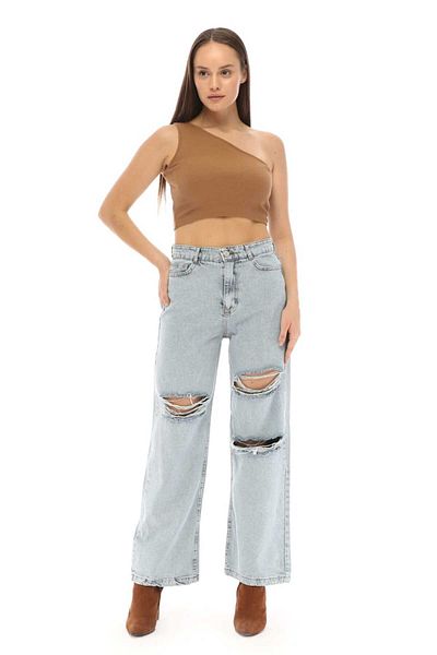 SHEVEGA Pantaloni de damă, albastru gheață, cu genunchi dublu, cu laser, rupti, cu talie înaltă, pantaloni largi, blugi