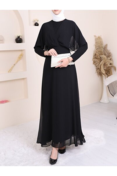 Modamorfo Stříbrné šifonové dlouhé večerní šaty-černé