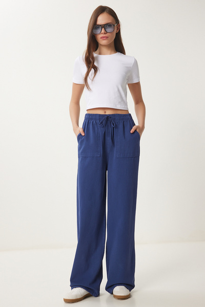 Lovelyİstanbul Pantaloni Palazzo din denim cu picior largi cu efect decolorat...