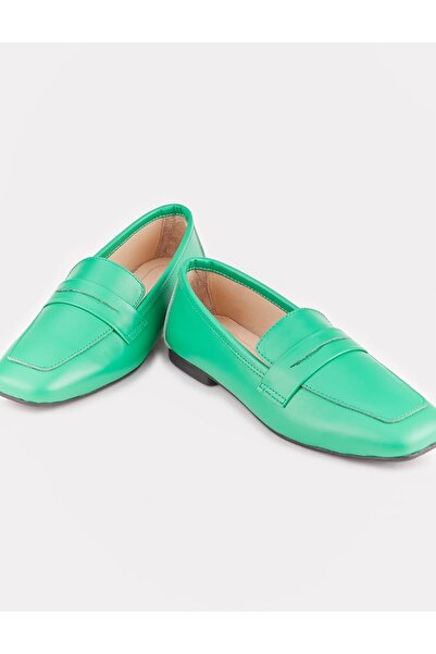 Cabani Hakiki Deri Yeşil Kadın Loafer Ayakkabı