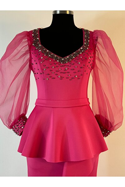 4 YOU TEKSTİL VE AKSESUAR Pembe puf abiye elbise