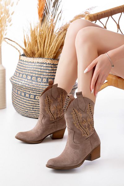 HERUS Women's Western Angel Wing Patterned Suede Cowboy Boots