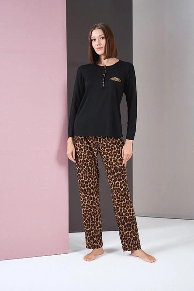 PJS 26004 Costum de pijama cu mânecă lungă cu imprimeu leopard pentru femei