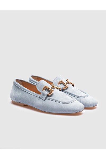 Cabani Hakiki Deri Mavi Süet Kadın Loafer