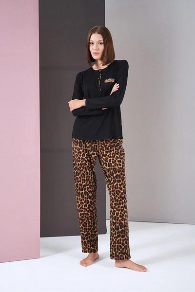 PJS 26004 Costum de pijama cu mânecă lungă cu imprimeu leopard pentru femei
