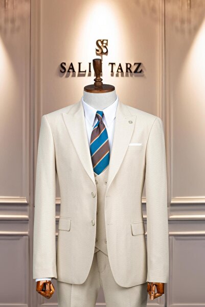 Salihtarzz Takım Elbise İtalyan Kesim Yelekli SlimFit Krem SD42112