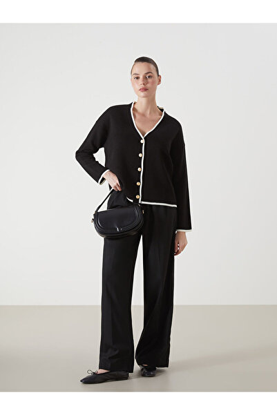 LC Waikiki Black V-Neck Oversize Women's Knitwear Cardigan