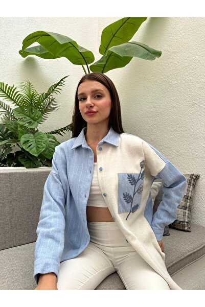 EAFFEL KADIN BEBE MAVİSİ EVA NAKIŞLI KAŞE KUMAŞ TAŞLI METAL DÜĞME DETAYLI GÖMLEK