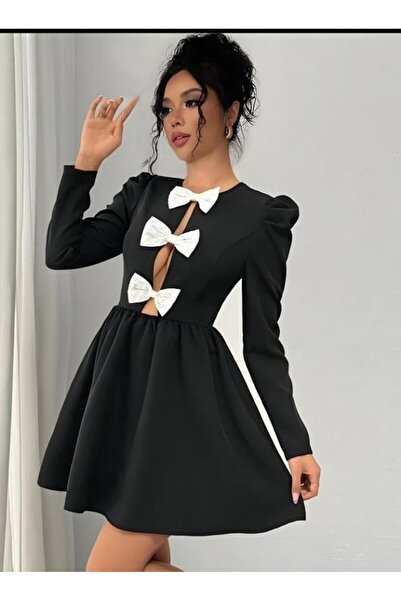 Femella Women Fashion Kadın Dalgıç Kumaş Fiyonk Detaylı Uzun Kollu Mini Boy Siyah Yılbaşı Elbise