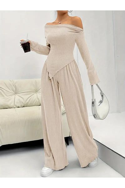 Moka Shopin Mokashopin Women - Long Sleeve Asymmetrical Cutout Camisole Blouse and Pants Set