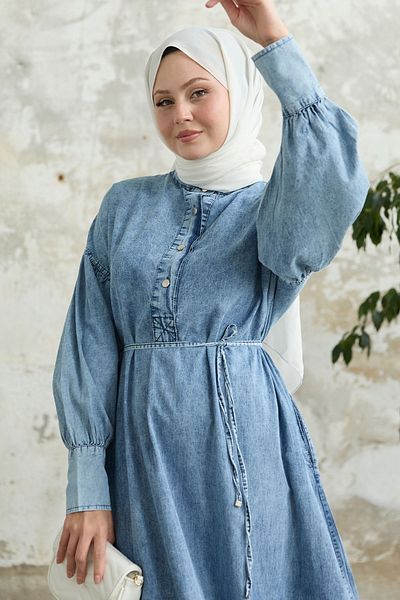 InStyle Синя дънкова рокля с маншети и копчета на ръкавите
