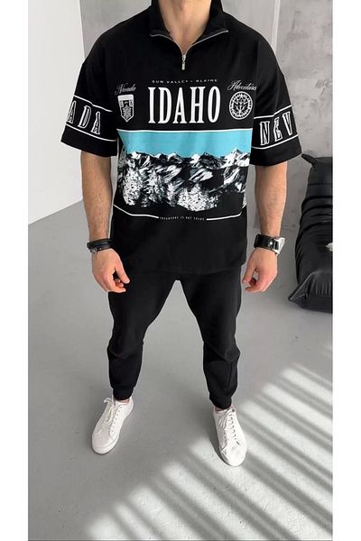 Mirage Tricou imprimat unisex cu jumătate de fermoar - negru