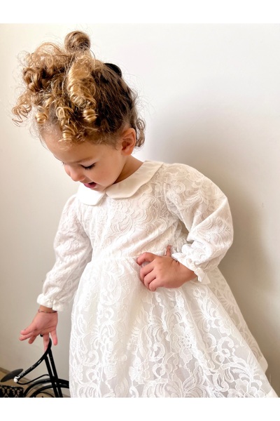 penu baby kids Beyaz Uzun Kollu Dantelli Bebe Yaka Kız Çocuk Kız Bebek Elbise