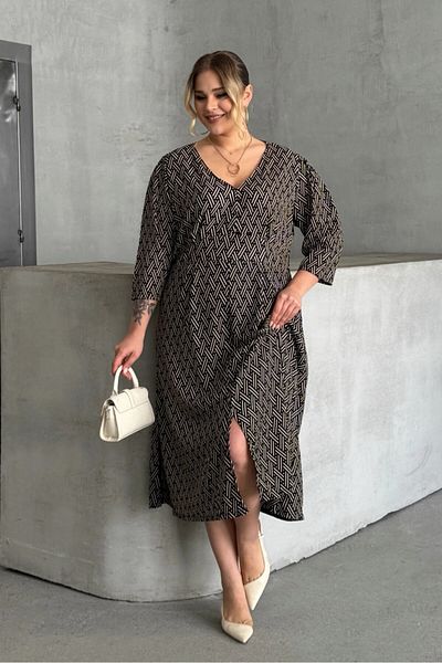 She Wears Φόρεμα μεγάλου μεγέθους V με λαιμόκοψη με λεπτομέρεια με σχέδιο Fakir μανίκι Midi φόρεμα Msd-25123
