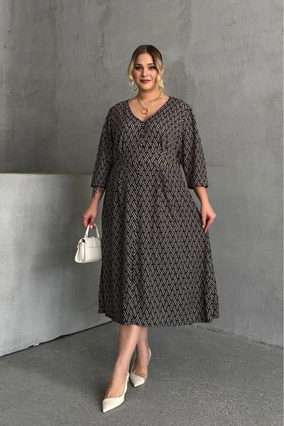 She Wears Φόρεμα μεγάλου μεγέθους V με λαιμόκοψη με λεπτομέρεια με σχέδιο Fakir μανίκι Midi φόρεμα Msd-25123