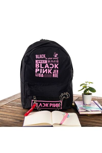bumbostore Black Backpack with Black Pink Piercing Chain