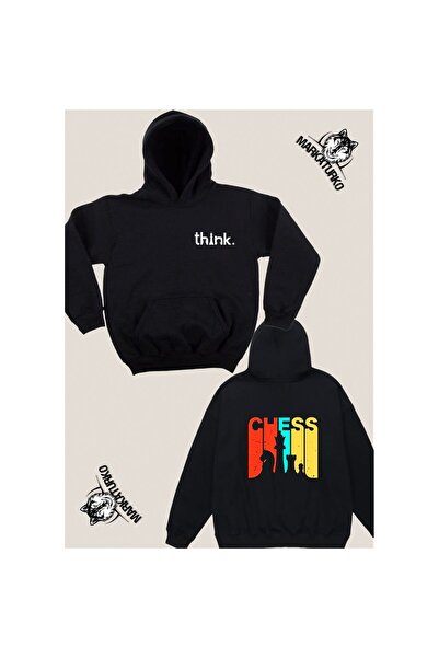 MarkaTurko Satranç Özel Tasarım Çift Taraf Baskılı Siyah Kapşonlu Unisex Swea...