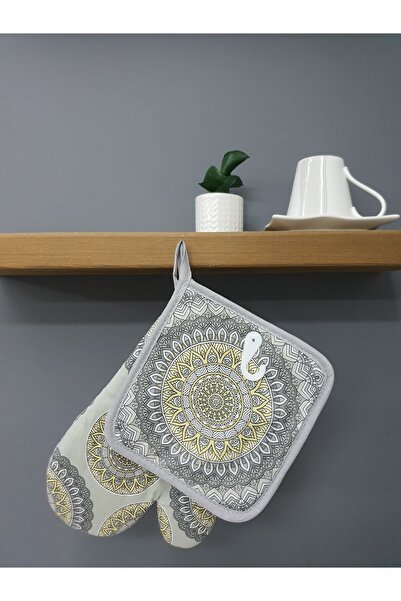 Home Hediyelik Otantik Mandala Temalı Hediyelik Fırın Eldiveni Seti Gri 35x40 Cm