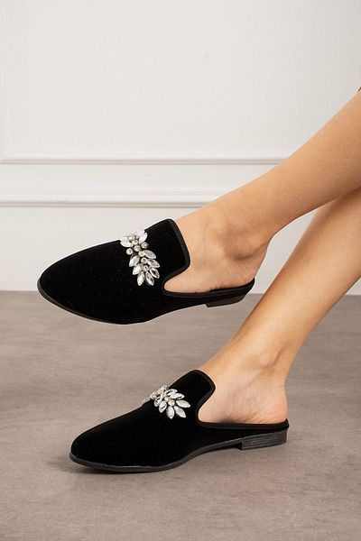 FUGA MODA Κομψές παντόφλες σπιτιού Luiz Black Leaf Stone Κεντημένες Κλειστές Μπροστινές
