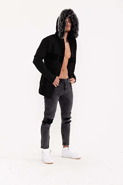 THIMOON Men's Black Fur Hooded Pocket Zippered Long Cardigan