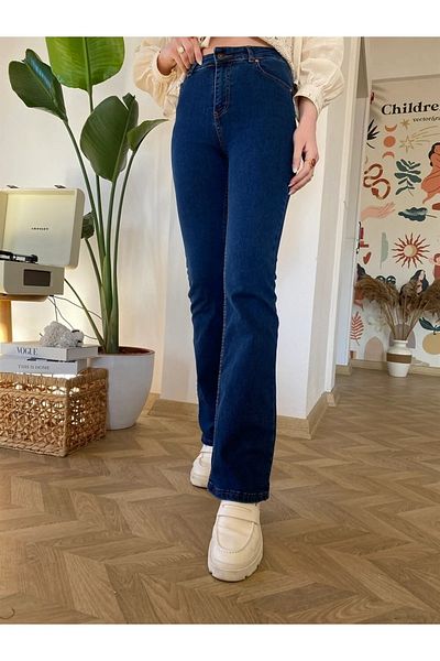 JILLY Pantaloni de blugi albastru închis cu talie înaltă din lycra de culoare spaniolă