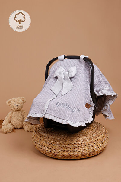 JUNİPERUS Kişiye Özel İsim Nakışlı Pike Puset Örtüsü Fırfırlı Bebek Puset Örtüsü