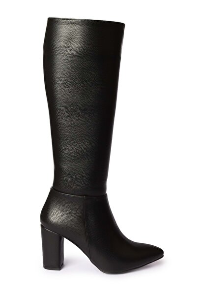 Kocamanlar Ayakkabı Feles Diz Altı Deri Topuklu Kadın Çizme SİYAH