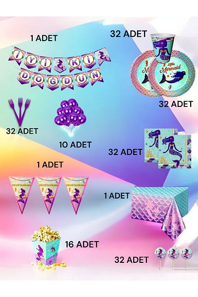 VibeHome Ultra-Luxury Set with Mermaid Theme for 32 - Birthday Party and Fun Events