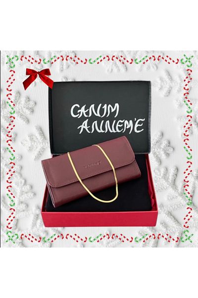 Carlino Mother's Day Burgundy Leather Wallet-Black Combed Cotton Shawl-Italian Steel Chain Set