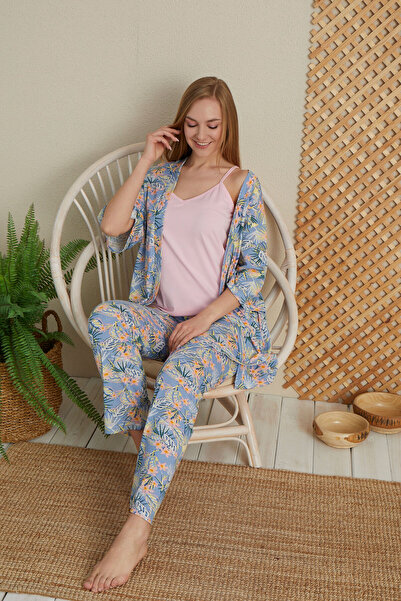 Berel Giyim Mavi Renkli Pudra Çiçek Baskılı 3 lü Sabahlıklı Pijama Takımı